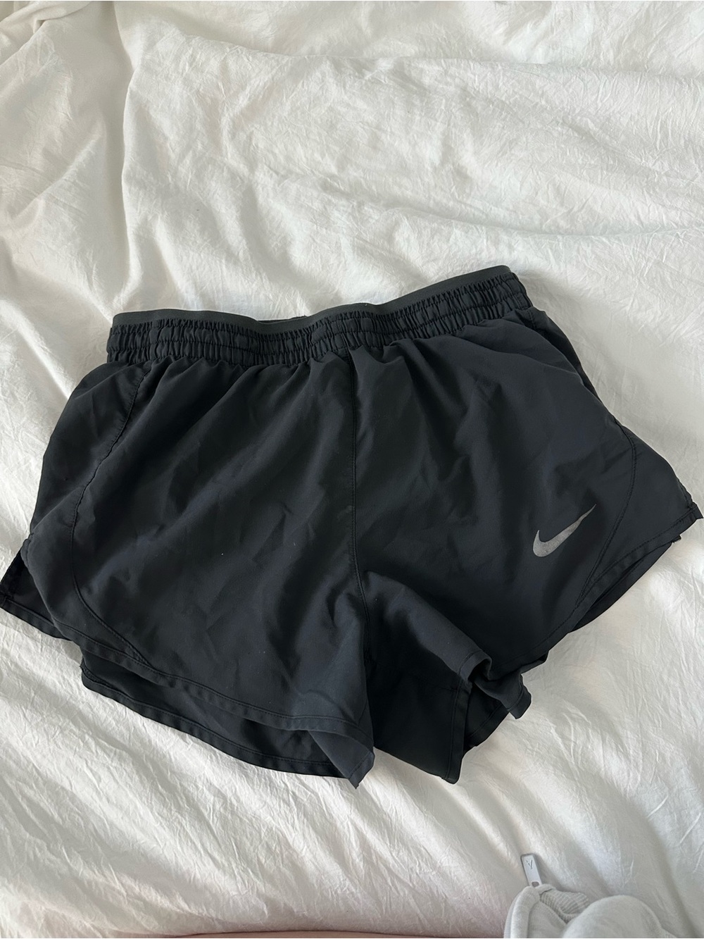 Nike Women's Black Athletic Running Shorts with Gray Swoosh